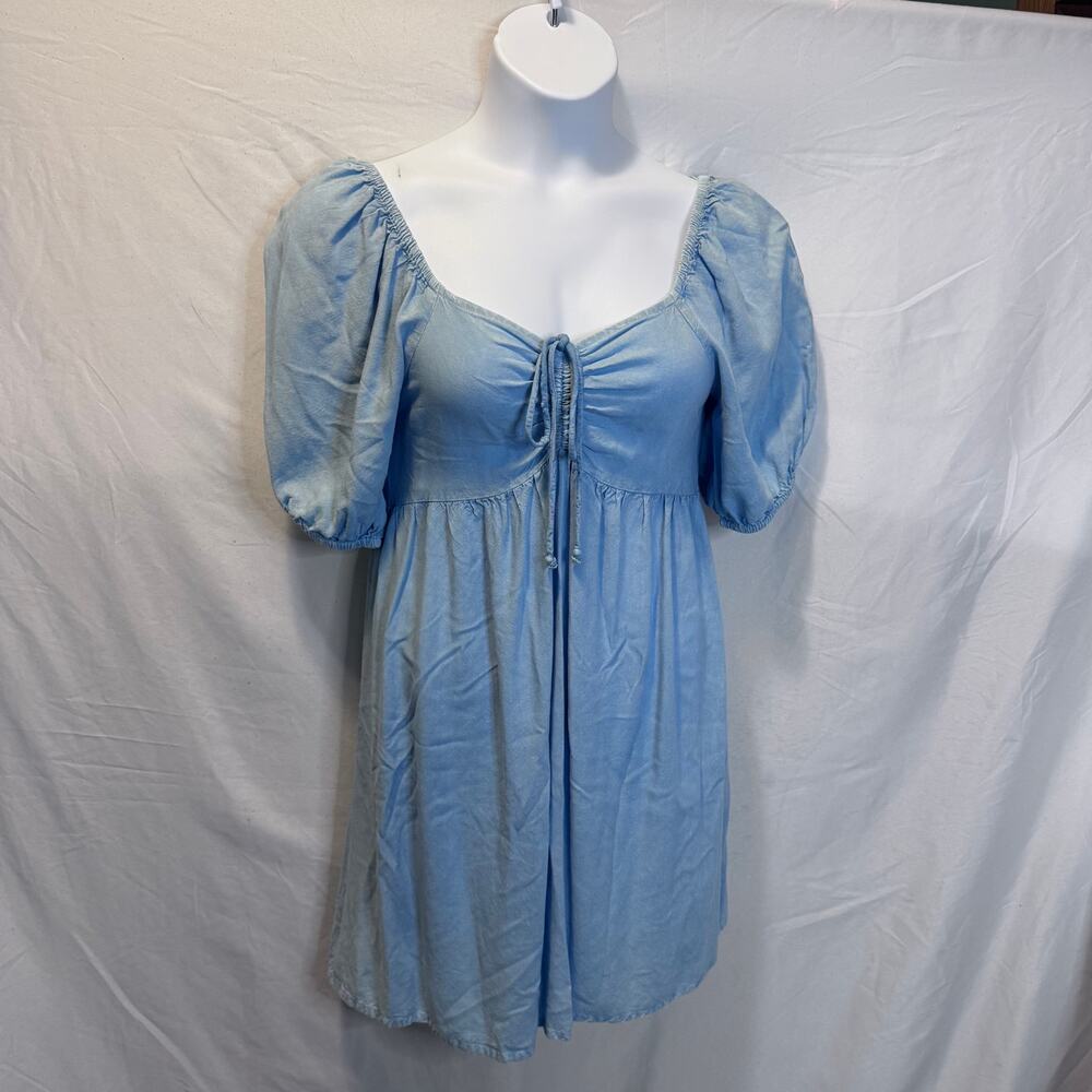 Coquette Peasant Blue Babydoll Mini Dress Smocked Boho Cottagecore size M